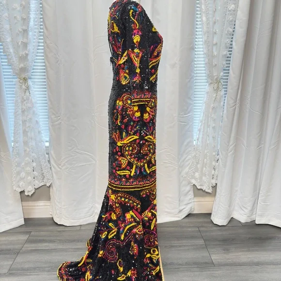 Alice and Olivia Beaded Sequin Embroidered Gown Dress Black Multicolor Size 8